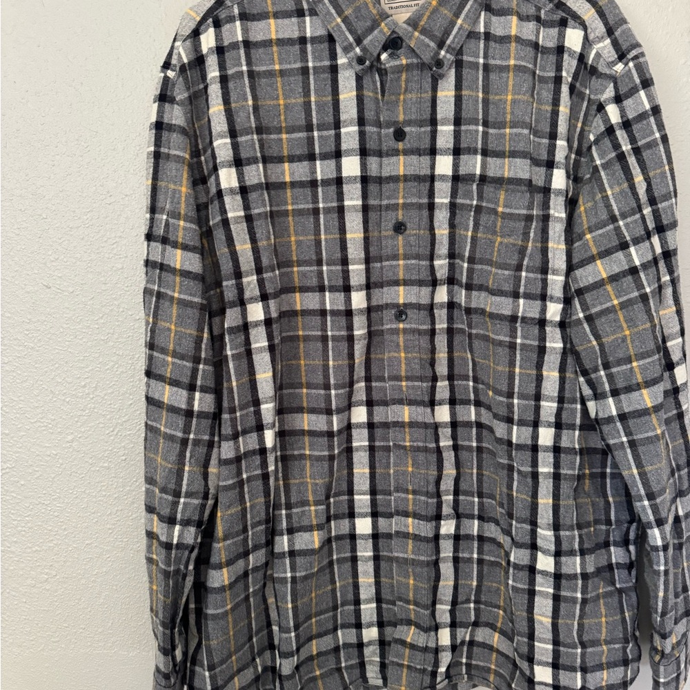 L.L. Bean Black and White Plaid Shirt with Yellow Accents